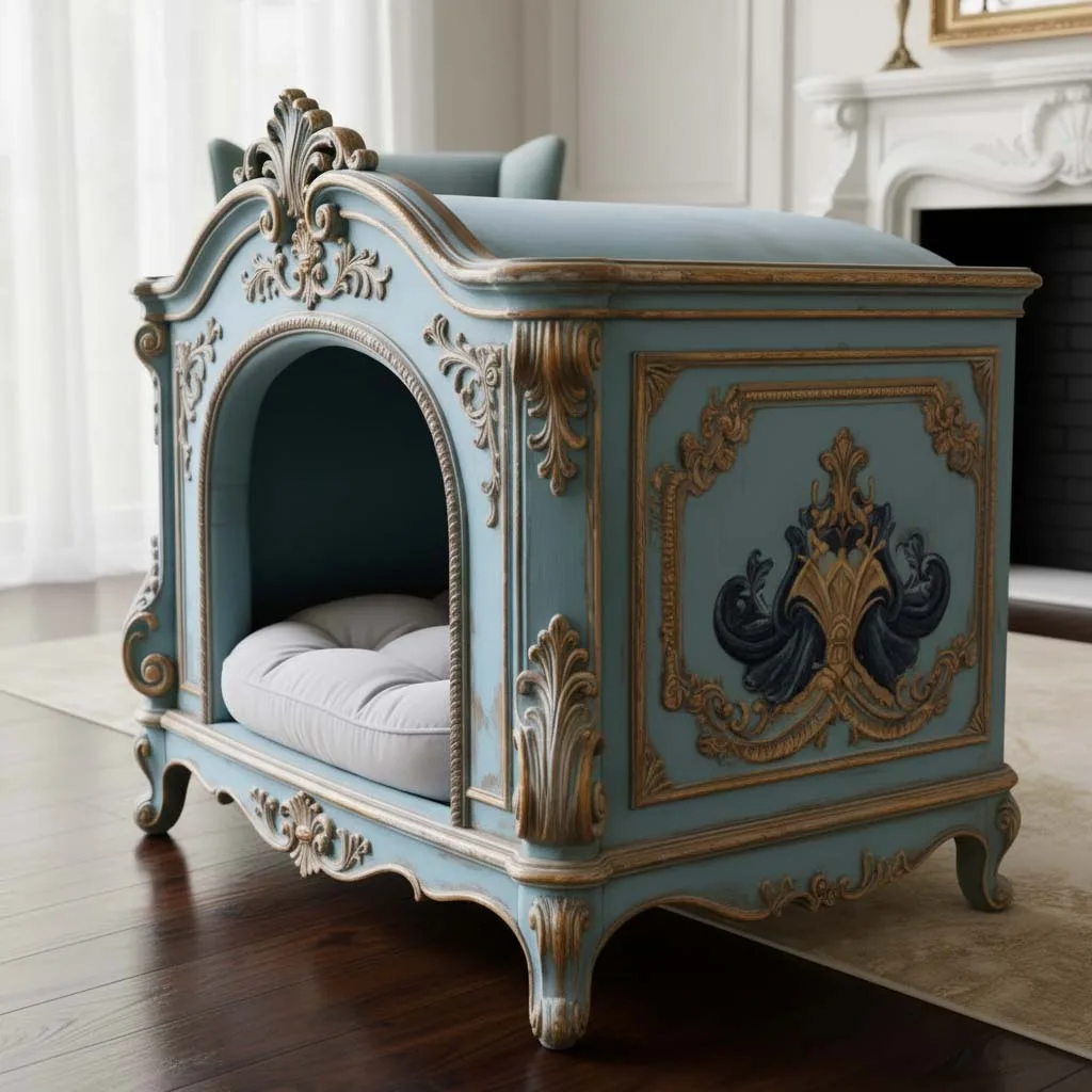 An ornate, light-blue French rococo style dog bed with elaborate gold-leaf details sits on a dark wood floor. This luxury