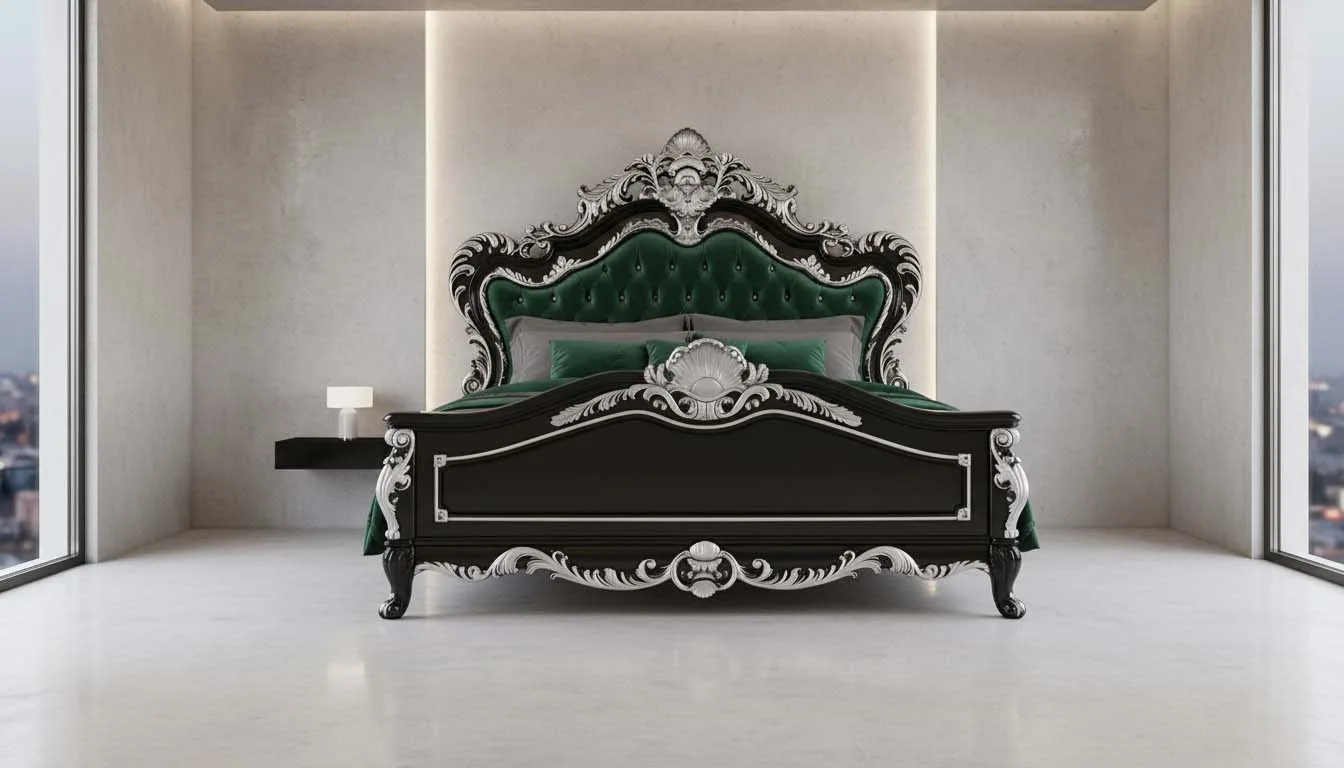 Bespoke Walnut Baroque Bed: Carved Royal Sleeper interior perspective – Beds design