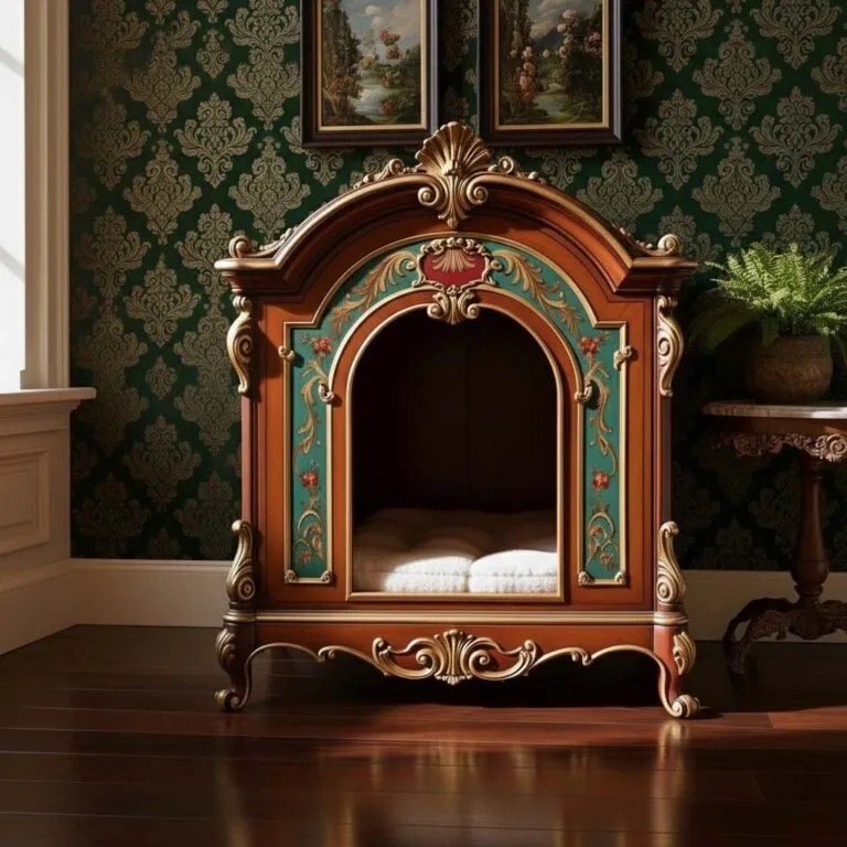 Hand-Painted Victorian Style Pet House in mahogany finish with teal green panels and gilded scrollwork, featuring an arched entry and orthopedic bedding.