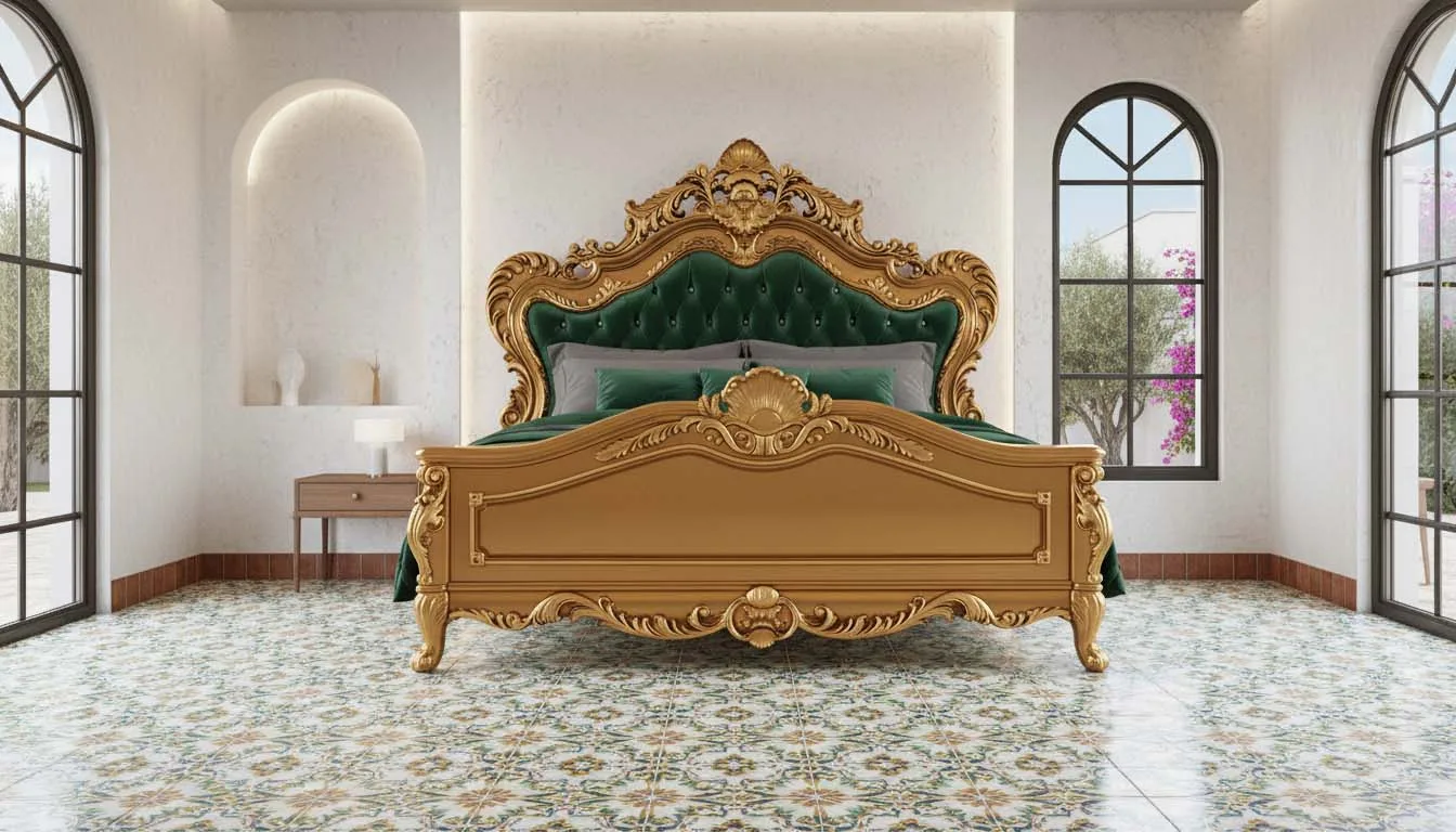 A stunning golden Baroque bed with an emerald green tufted headboard, set in a bright room with arched windows and patterned