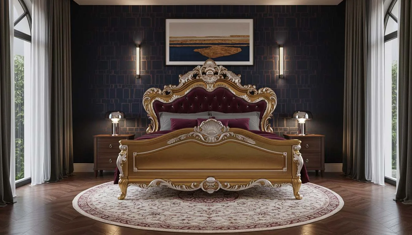 An opulent Baroque bed with gold and silver accents and a deep red tufted headboard, positioned on a round rug in a darkly