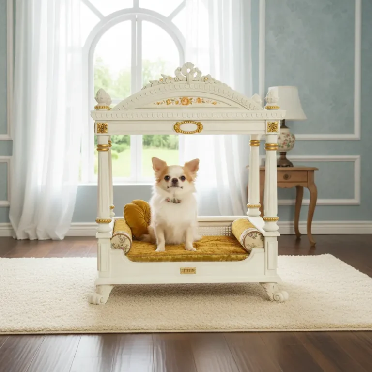 Neoclassical Canopy Pet Bed featuring fluted architectural columns and an arched pediment.