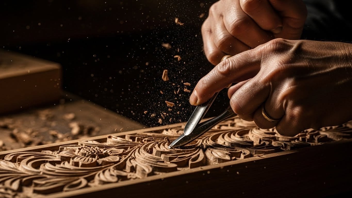 Artisan hands creating hand-carved solid wood furniture details.