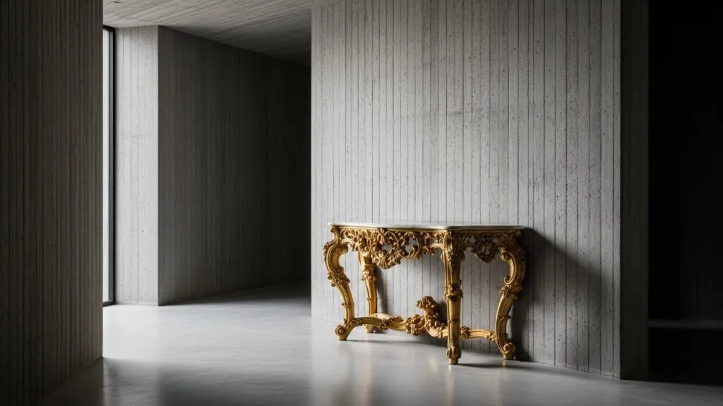 Bespoke gold-leaf rococo console table in a modern concrete hallway.