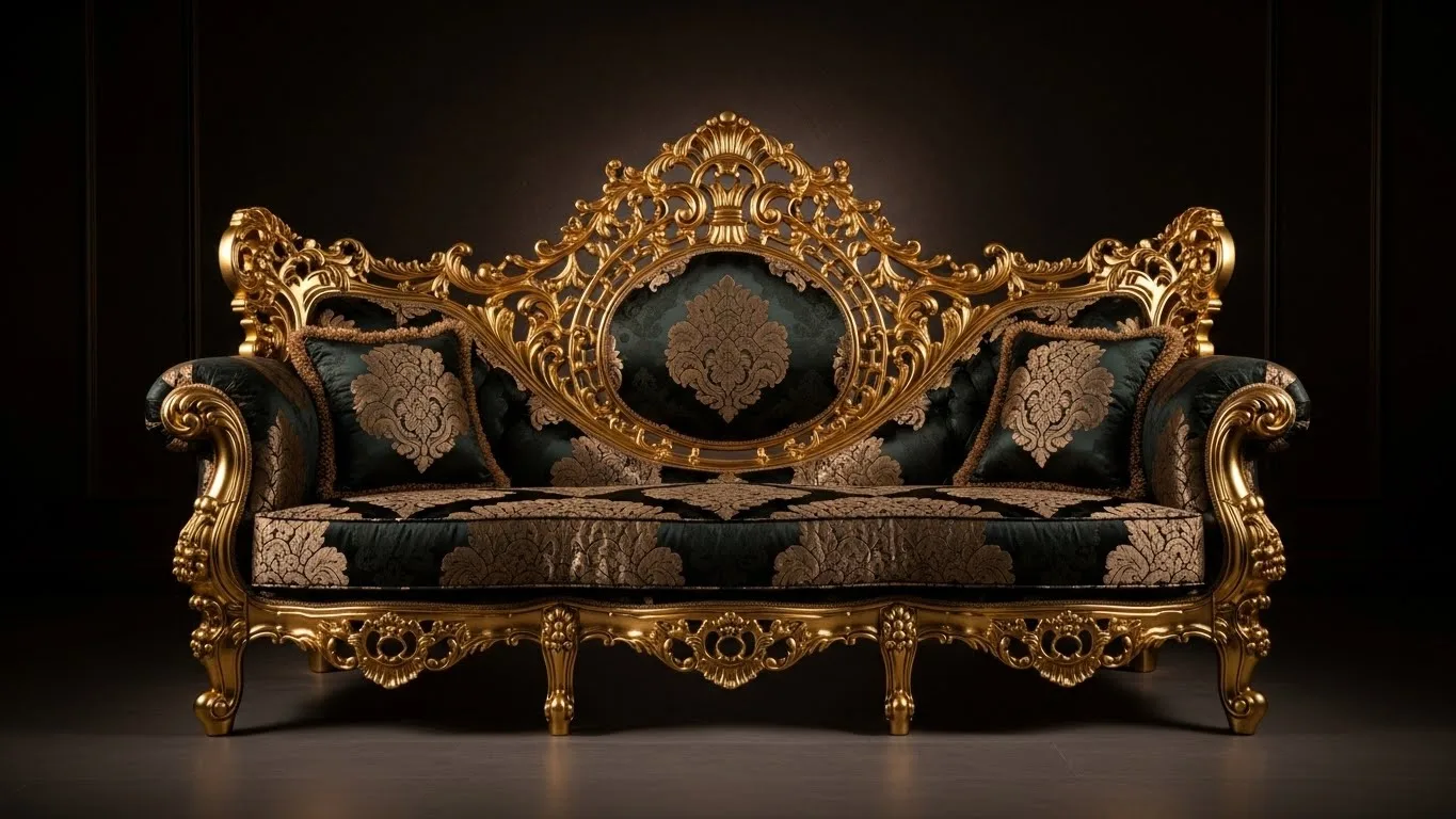 Baroque Royal Estate Sofa with black velvet and gold leaf frame