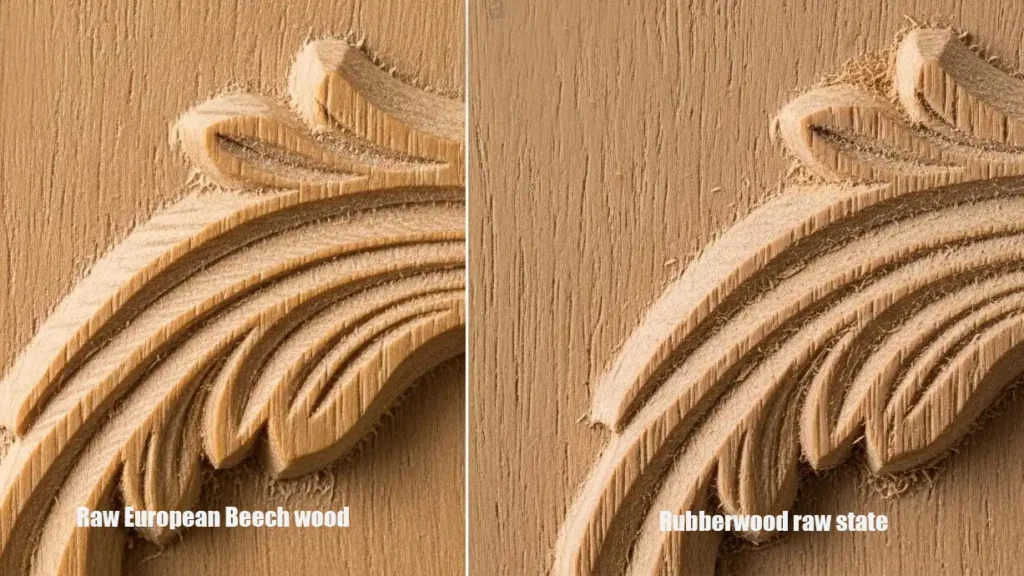 Microscopic grain analysis of Bespoke Rococo Furniture showing European Beech density vs Rubberwood porosity.