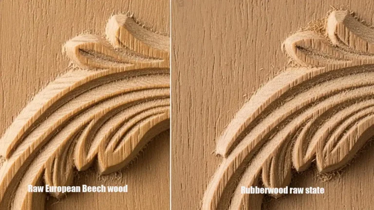 Microscopic grain analysis of Bespoke Rococo Furniture showing European Beech density vs Rubberwood porosity.