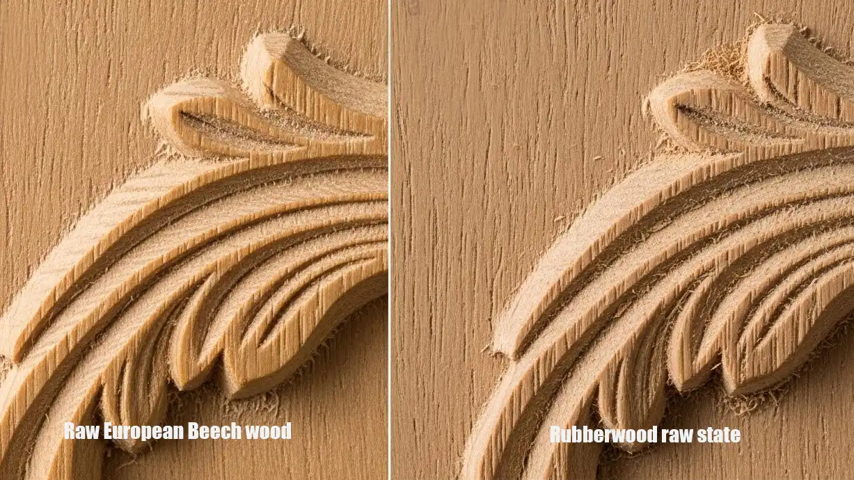 Microscopic grain analysis of Bespoke Rococo Furniture showing European Beech density vs Rubberwood porosity.