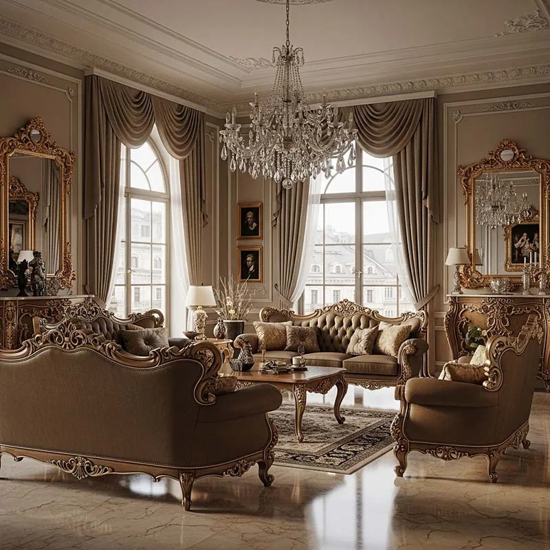 Luxury Rococo living room interior design with champagne gold accents