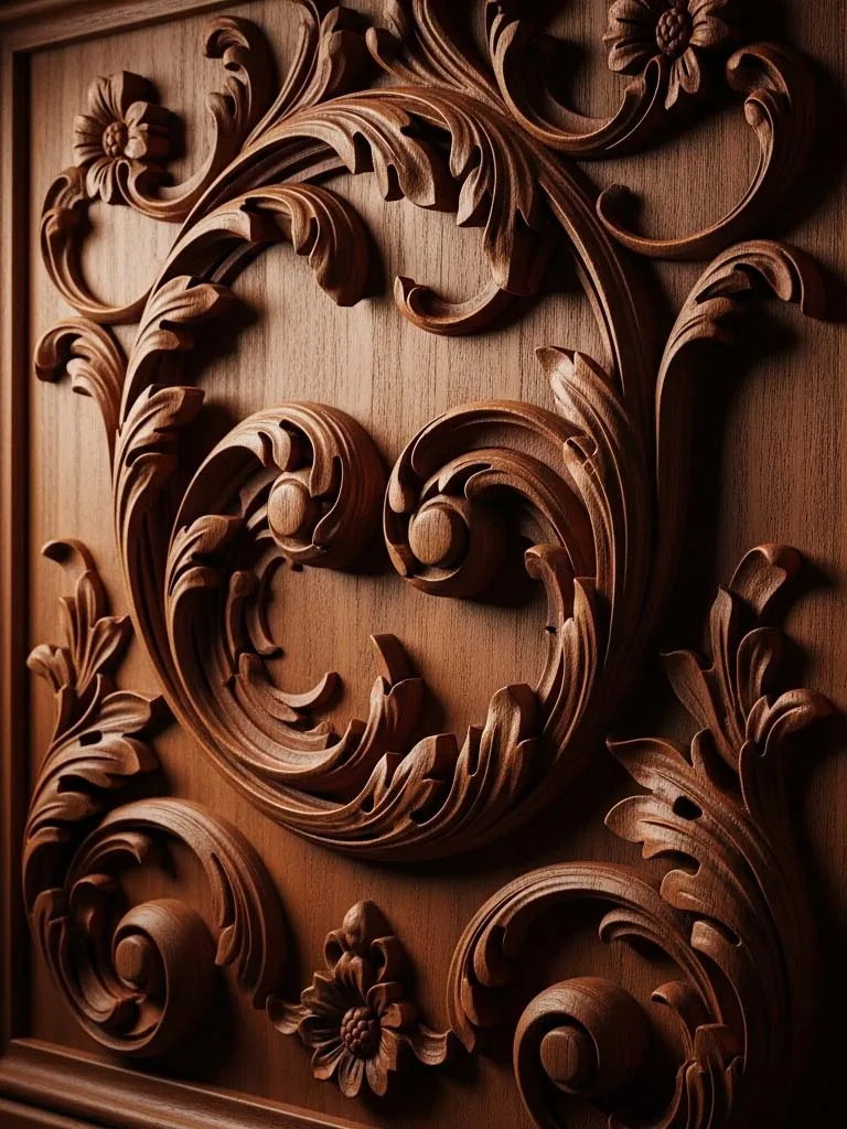 Artisan hand-carving ornate floral patterns into solid wood frame
