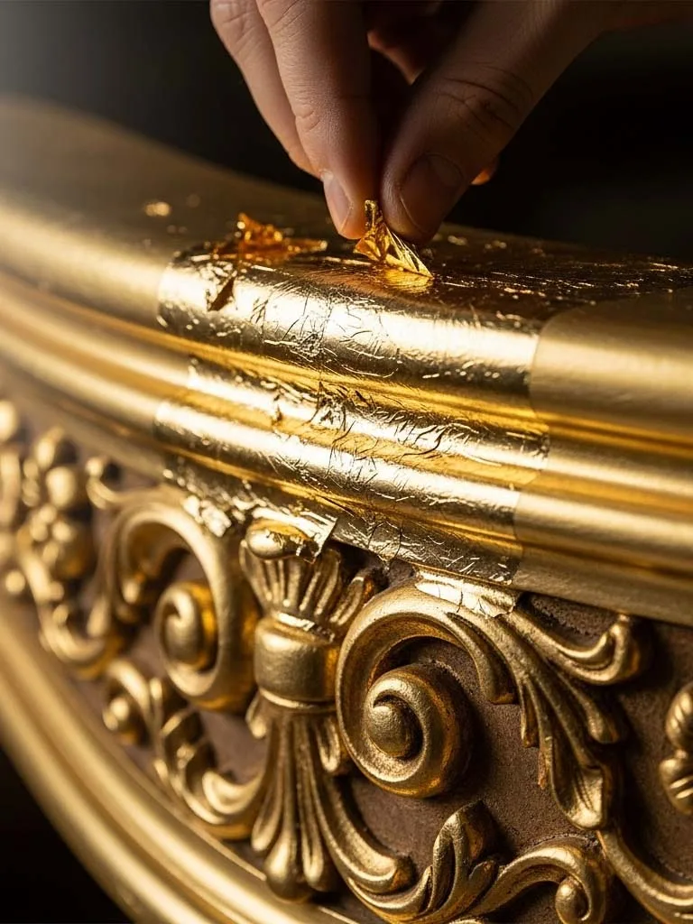 Applying authentic 24k gold leaf sheets to furniture surface