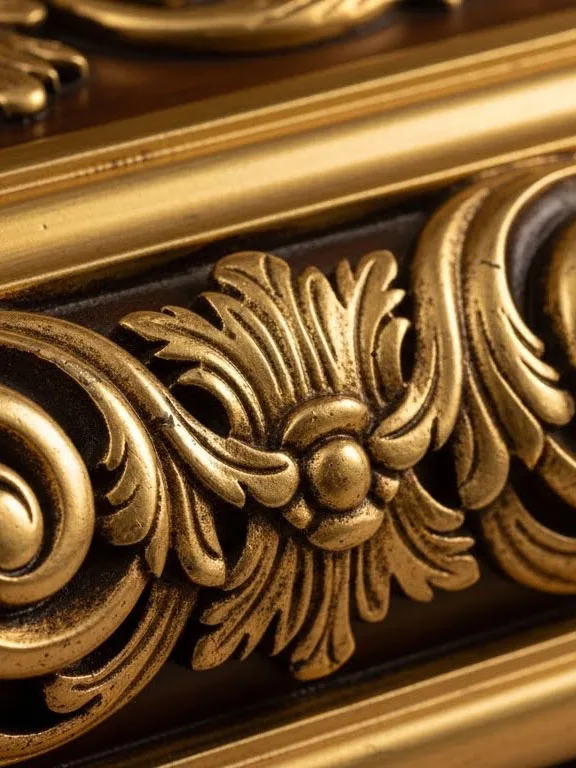 Close-up detail of OE-FASHION hand-carved Baroque furniture with 24K gold leaf finish