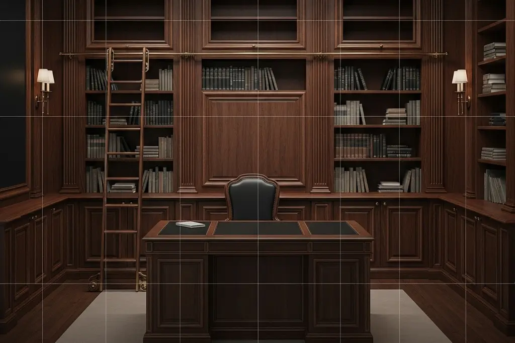 Full room bespoke boiserie library wall with rolling ladder