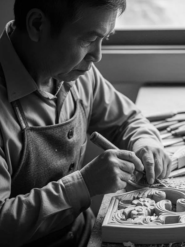 Master carver working in Foshan atelier