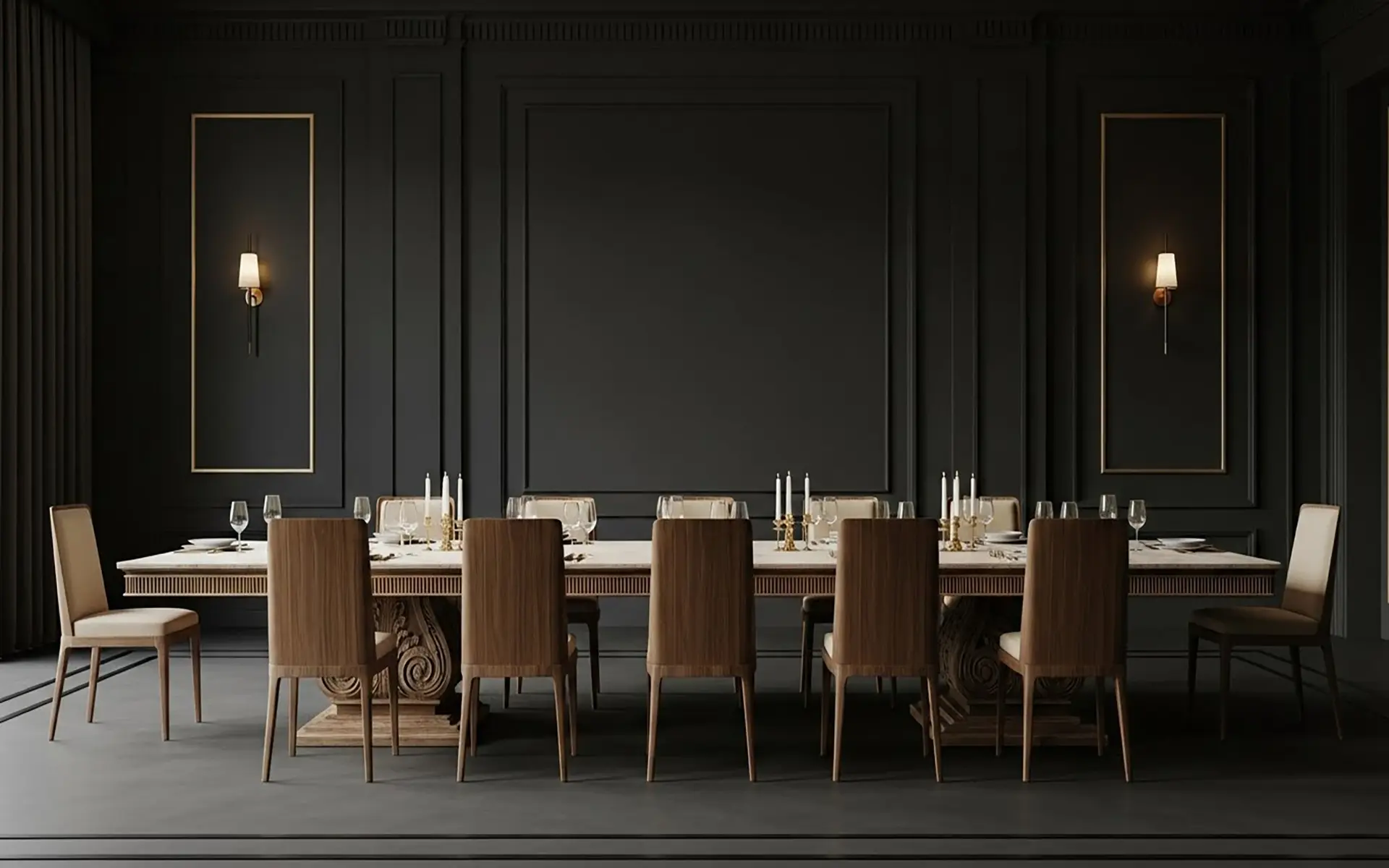 Luxury European bespoke dining table and chairs in a grand dining hall
