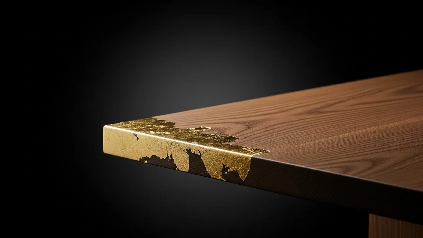 Close-up of 24K gold leaf gilding on engineered solid wood substrate