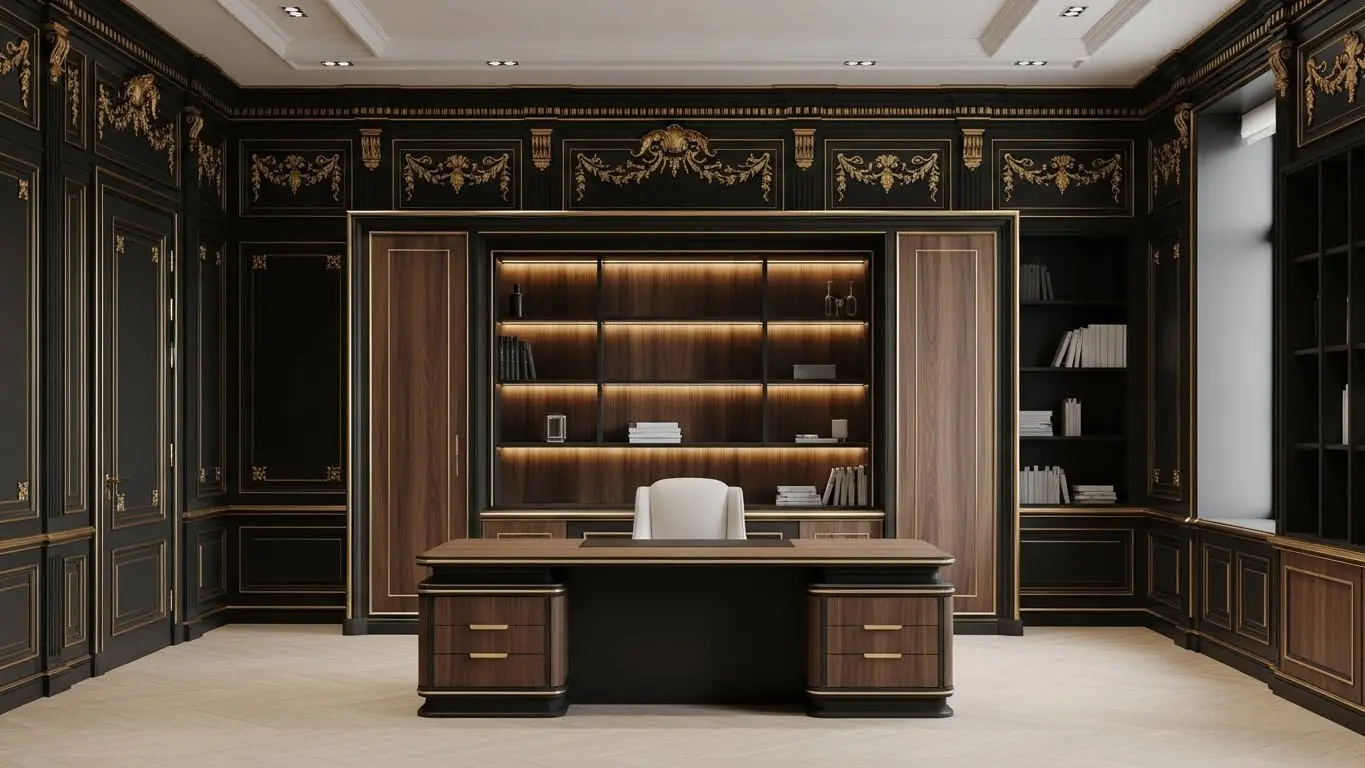 Luxury dark wood private library boiserie background