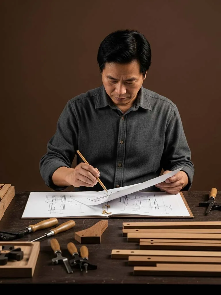 Technical drawing tools and joinery samples showing OE-FASHION's disciplined craftsmanship standards