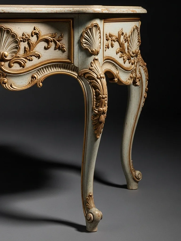 Hand-carved French Rococo furniture detail with shell motifs