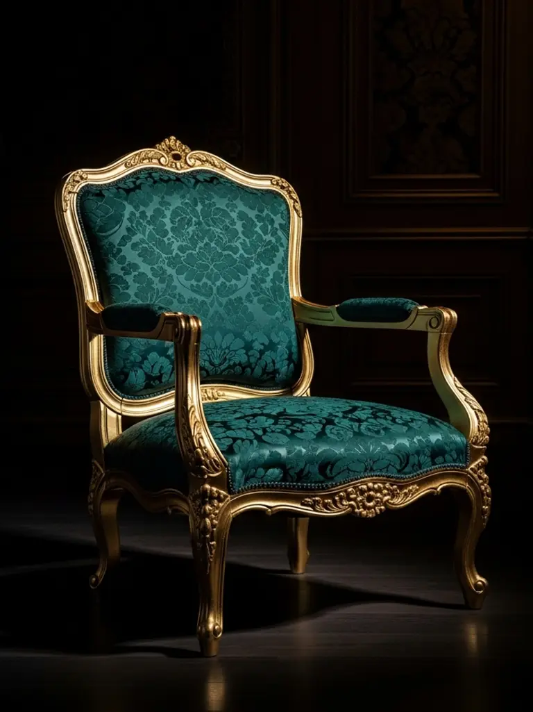 French-style handcrafted armchair with gold leaf details