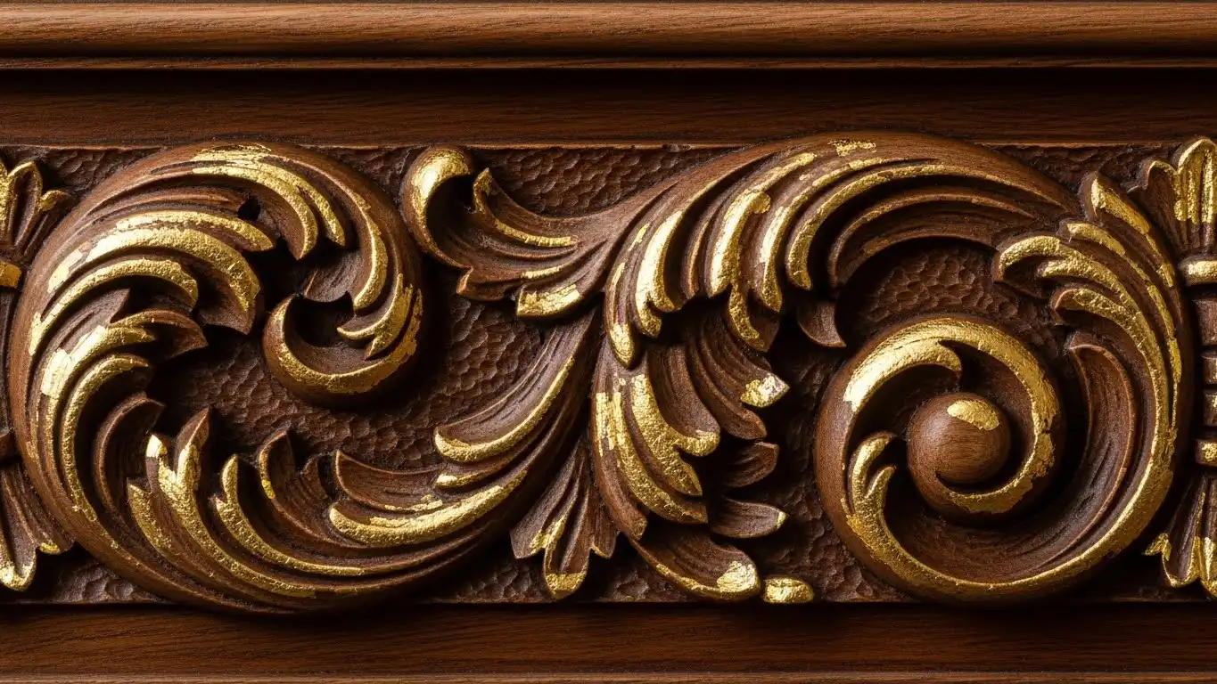 Close-up of hand-carved solid wood gold leaf furniture detail