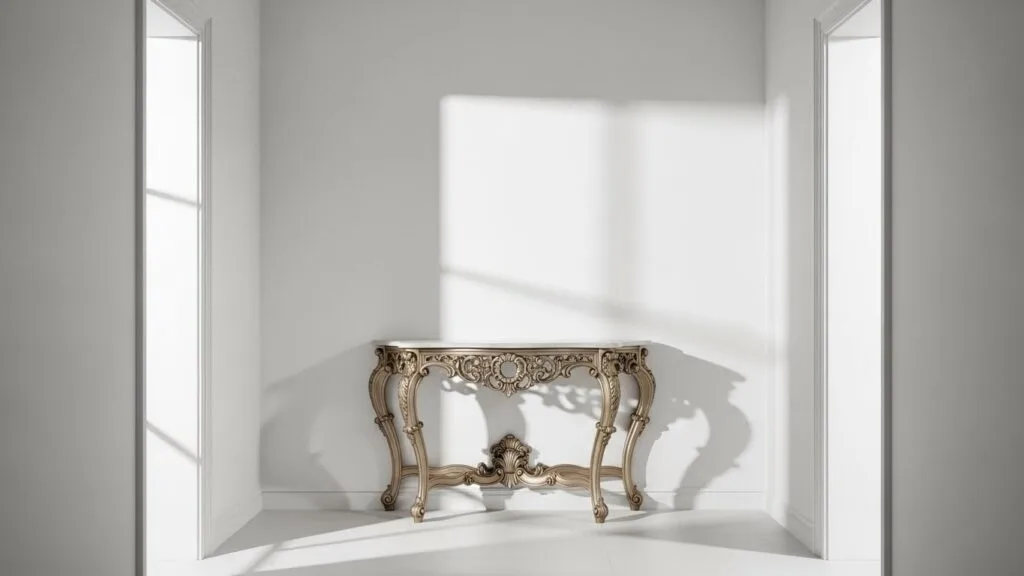 Hand-carved gilded console table in a white gallery-style hallway.