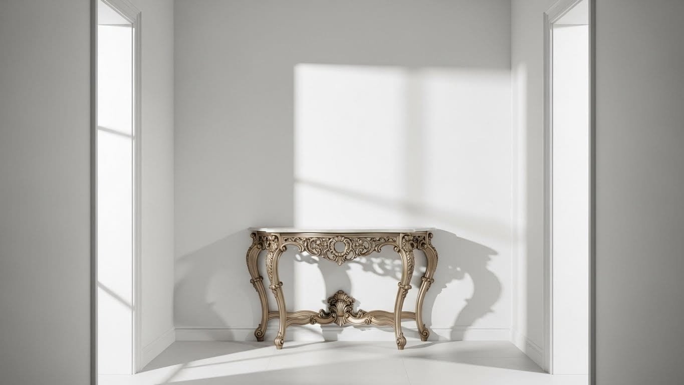 Hand-carved gilded console table in a white gallery-style hallway.
