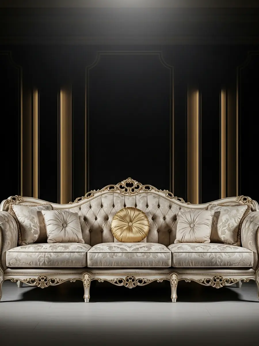 Handcrafted European palace sofa with gold upholstery