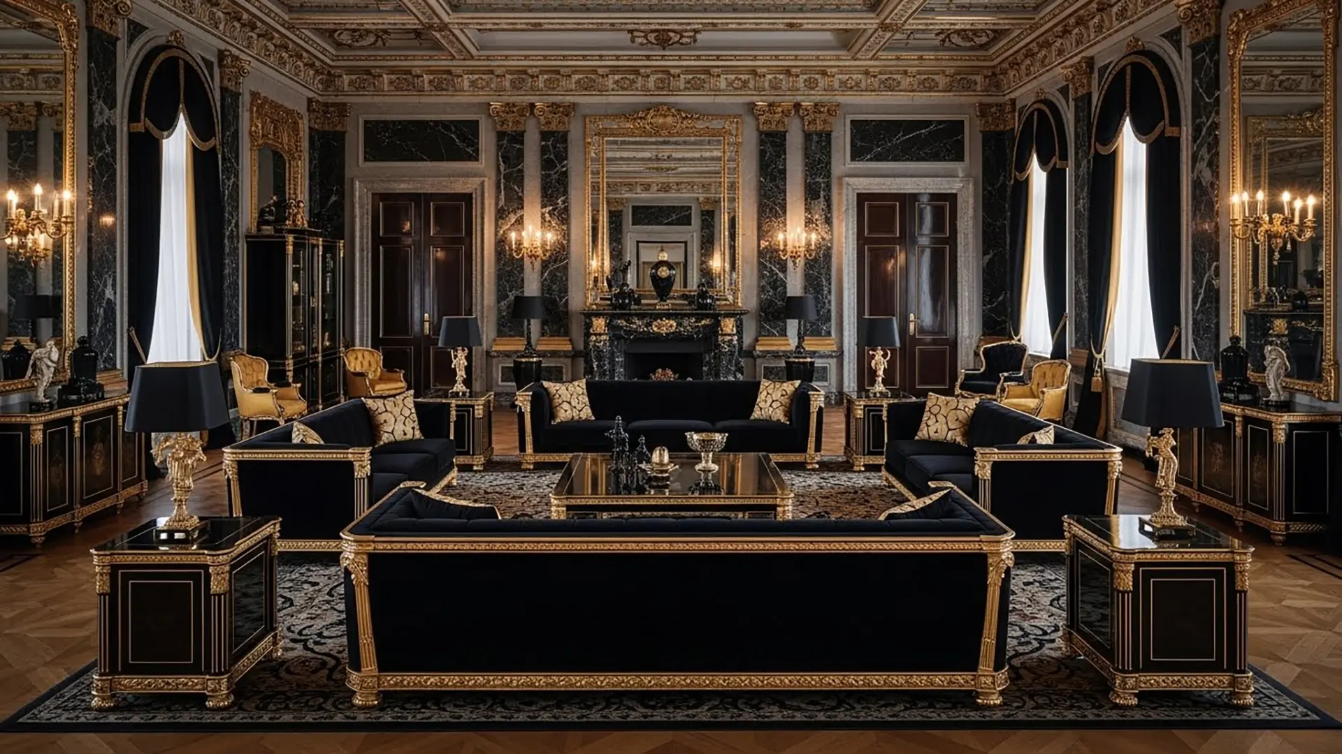 Handcrafted European palace living room furniture with solid wood carving details