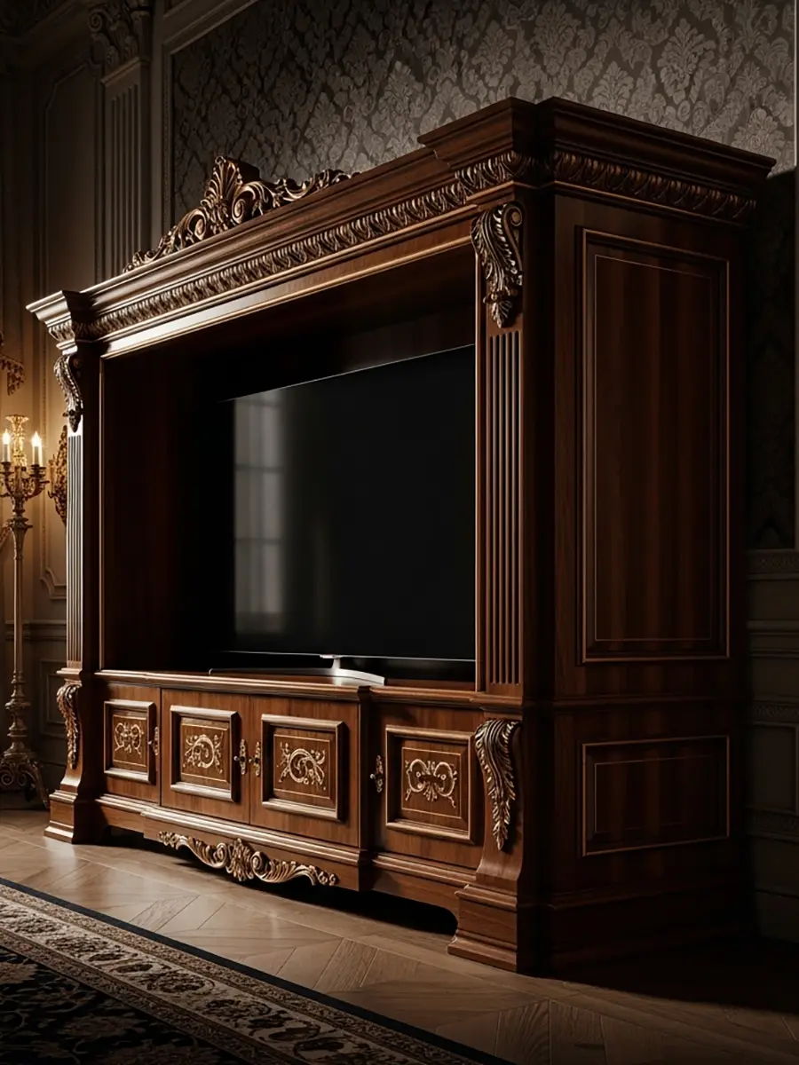 Handcrafted luxury TV cabinet with intricate carving