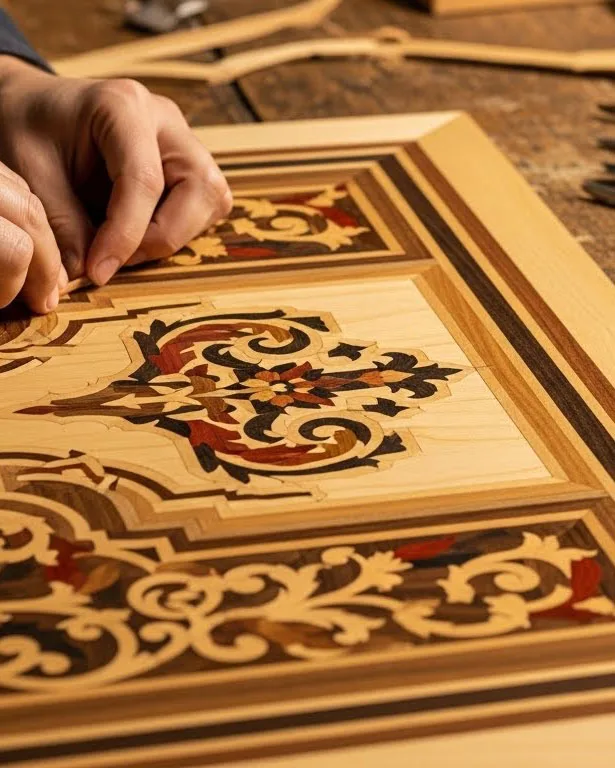Intricate wood marquetry and inlay