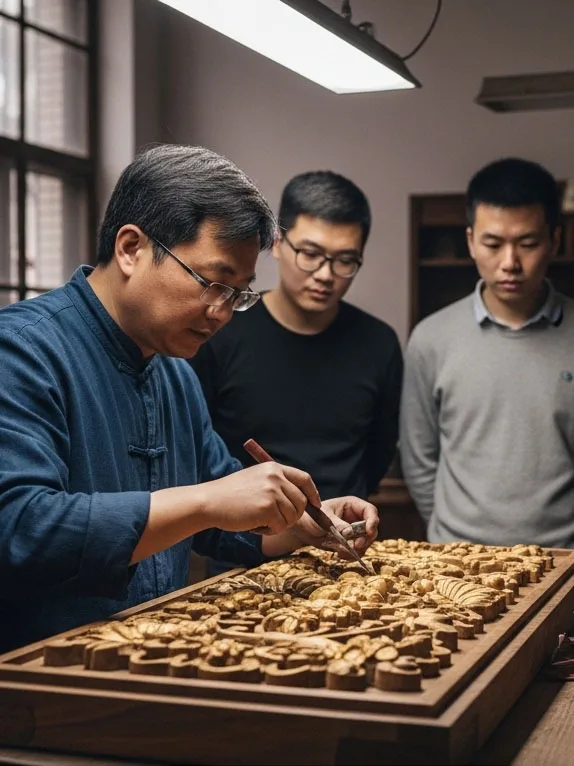 Master artisans teaching classical gilding and carving techniques in the OE-FASHION atelier