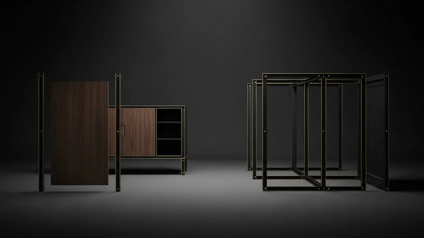 Abstract architectural sketch transforming into neoclassical furniture