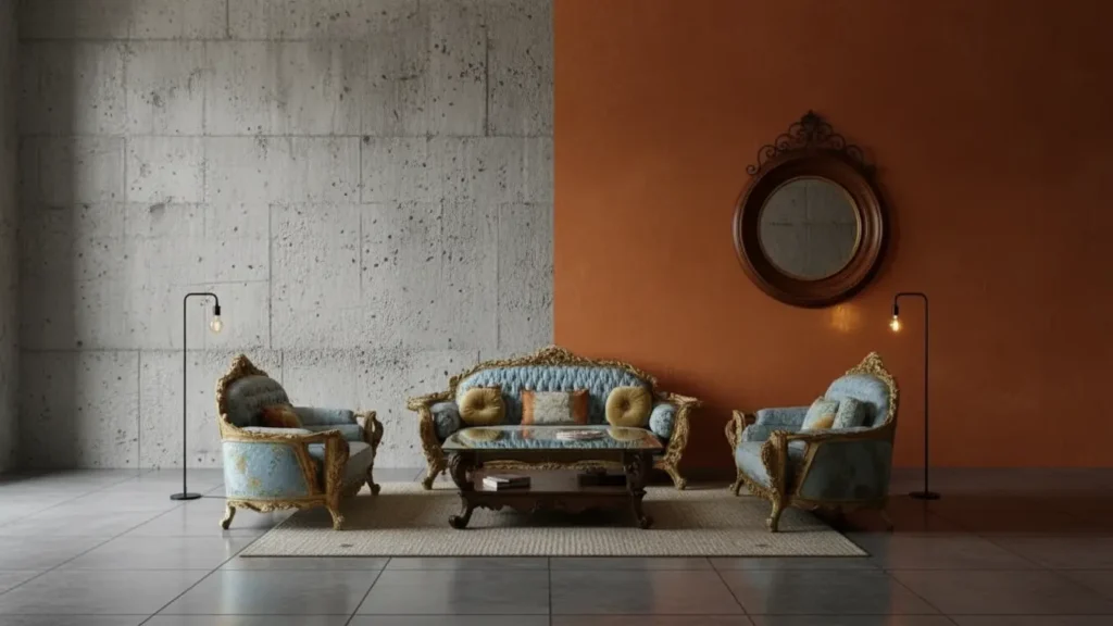OE-FASHION Bespoke Hand-Carved Rococo Sofa against a raw concrete or Venetian plaster wall