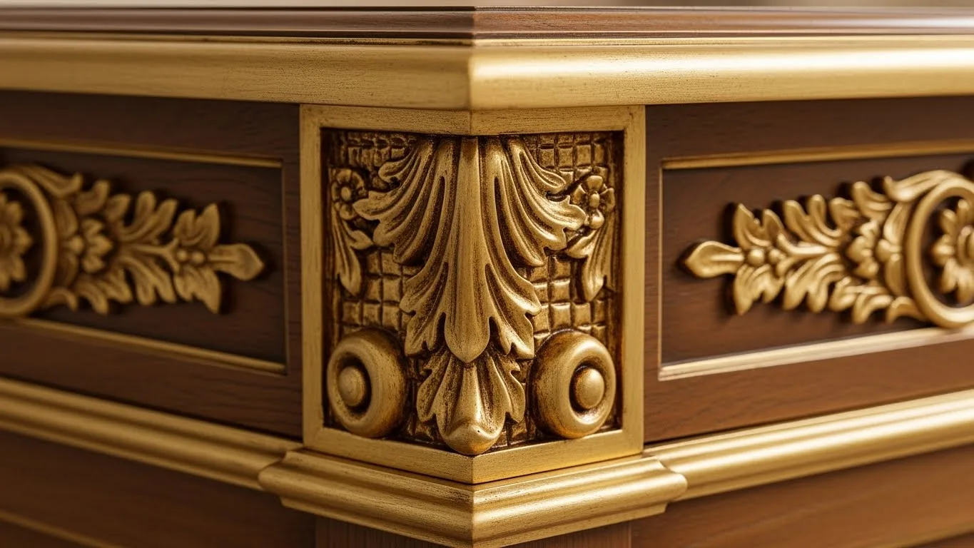 Close-up of hand-carved Rococo ornamental details on solid wood furniture