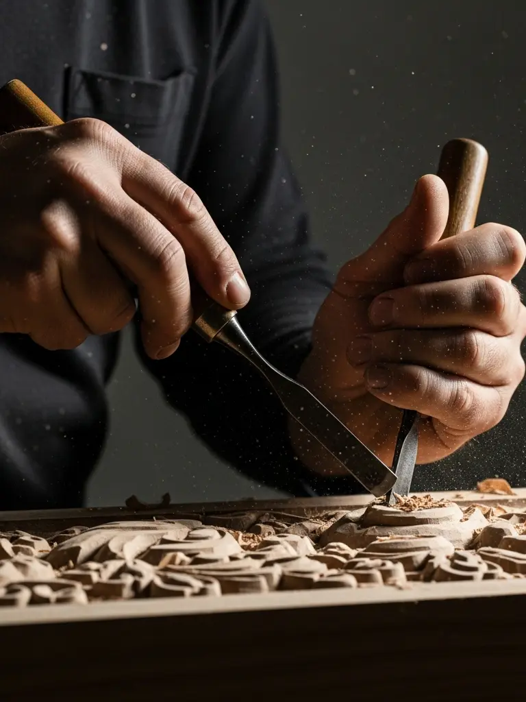 The Journey of Creation 3 Close-up of master artisan using chisel for deep relief wood carving