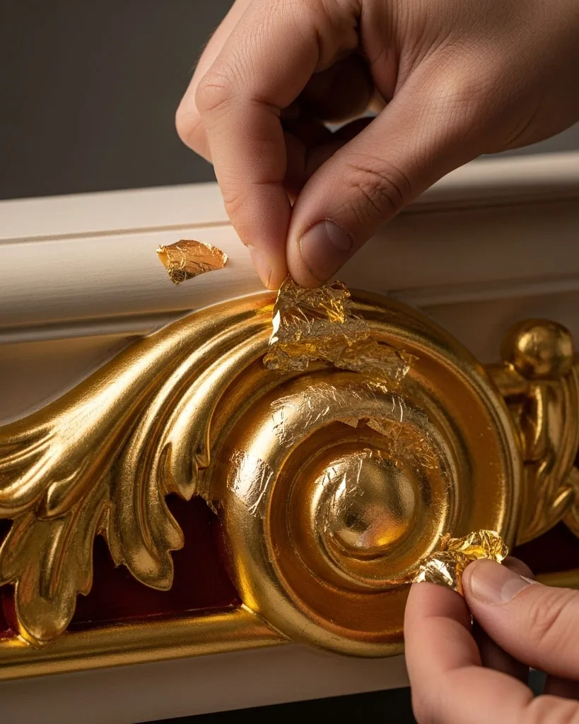 Close-up of artisan hands applying 24k gold leaf to baroque furniture