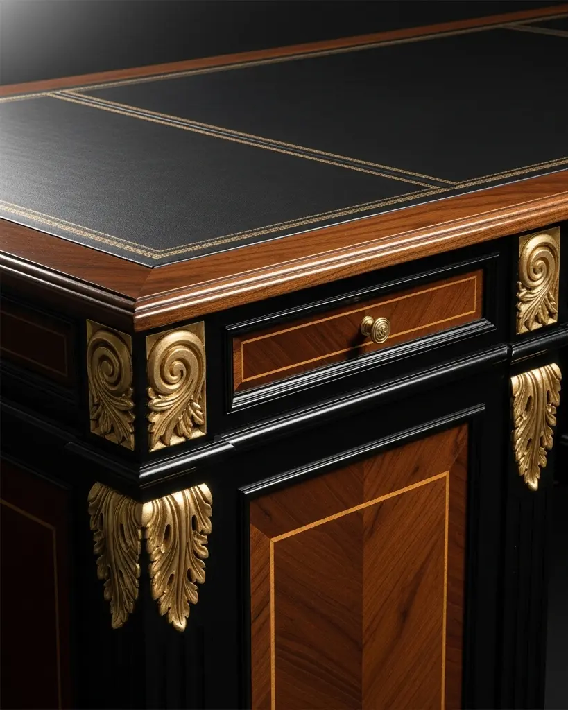 Hand-carved solid wood executive desk detail with gold leaf accents for luxury offices