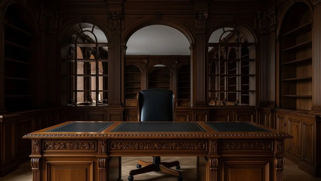 Hand-carved solid wood executive desk in a luxury private library