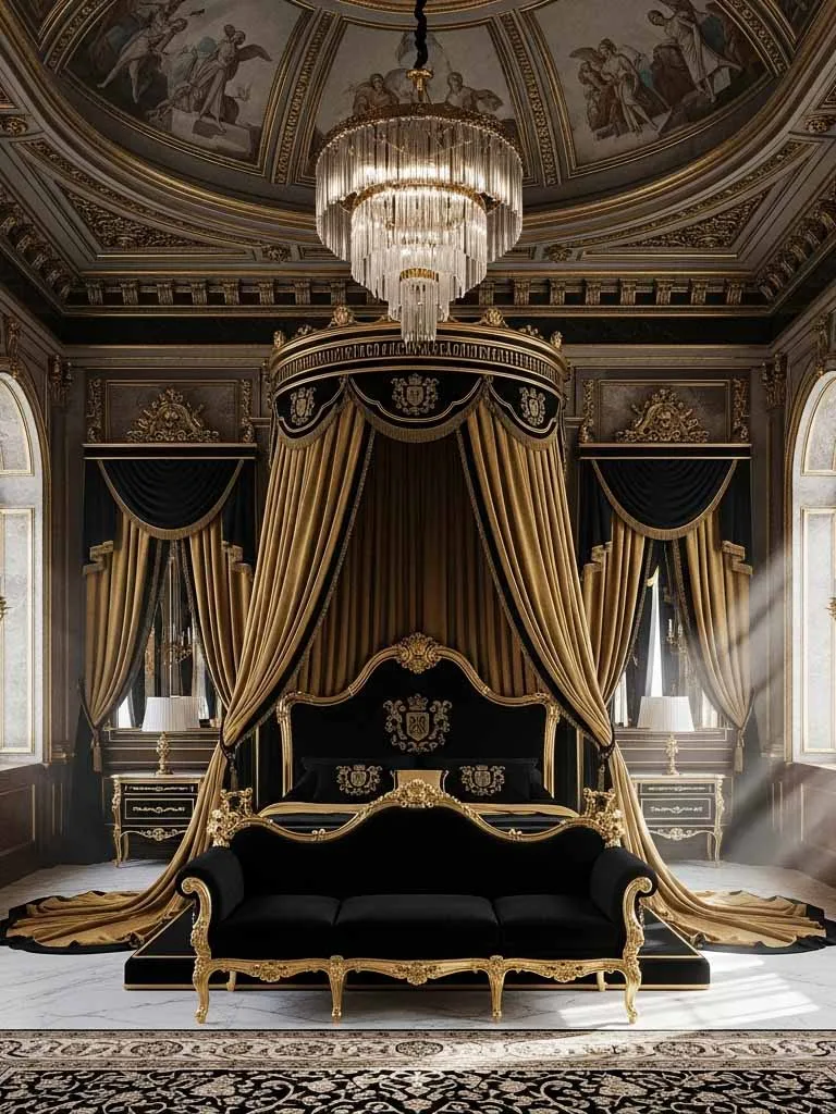 Monumental imperial bed with handcrafted headboard
