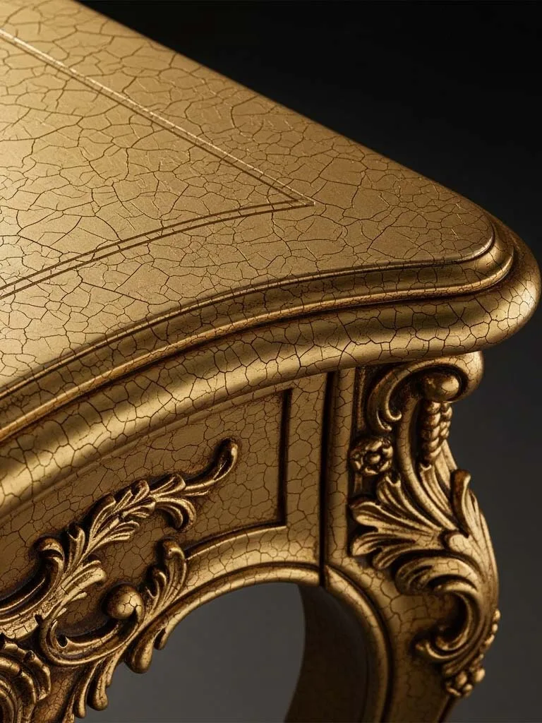 Finished baroque furniture detail showing protective coating and luster