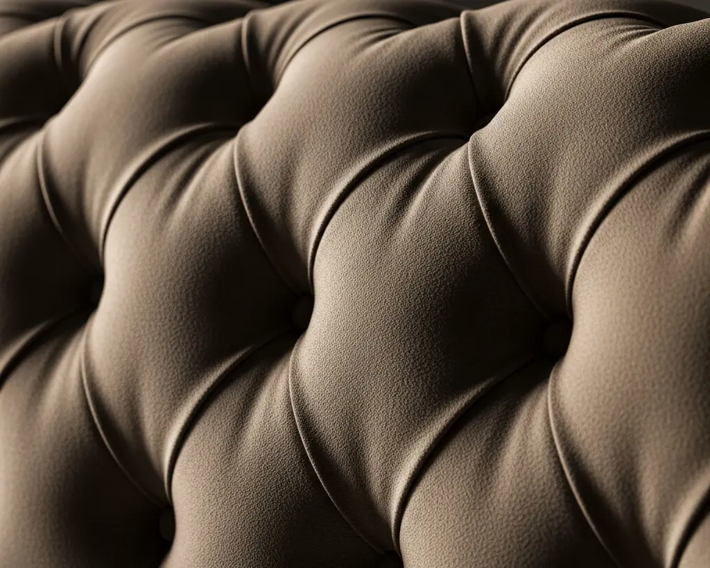 Deep button tufted velvet upholstery detail on luxury sofa