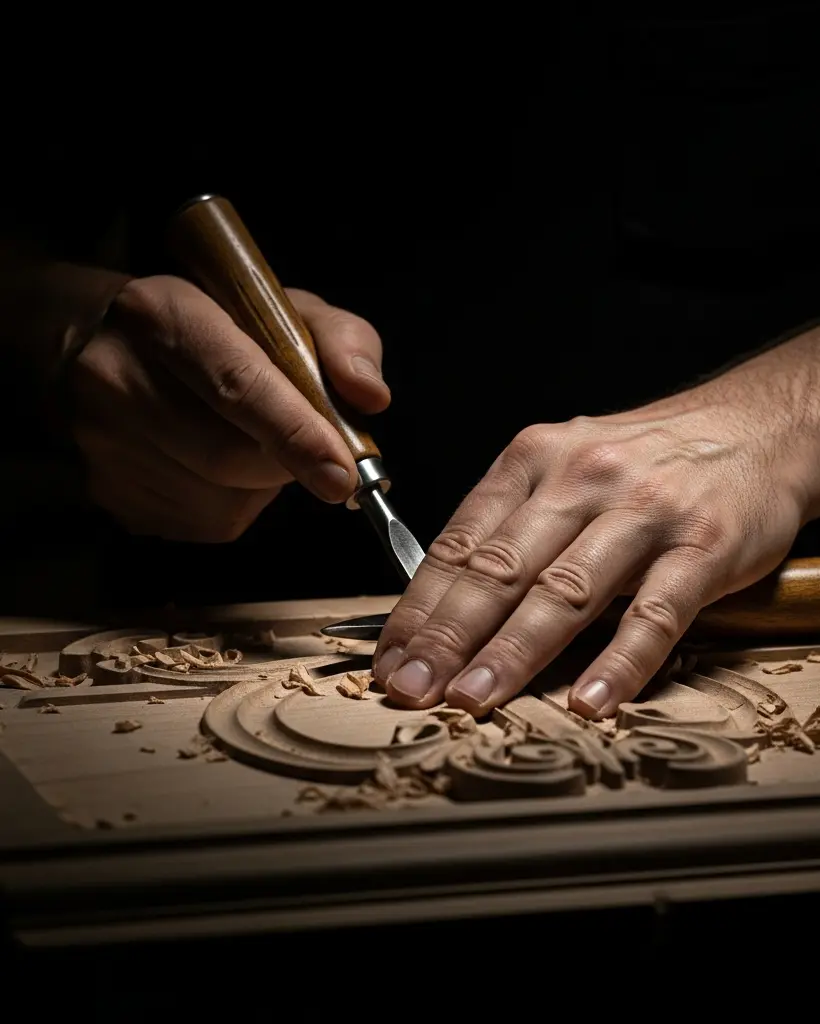 The Journey of Creation 1 Master artisan carving solid wood furniture details in Foshan atelier