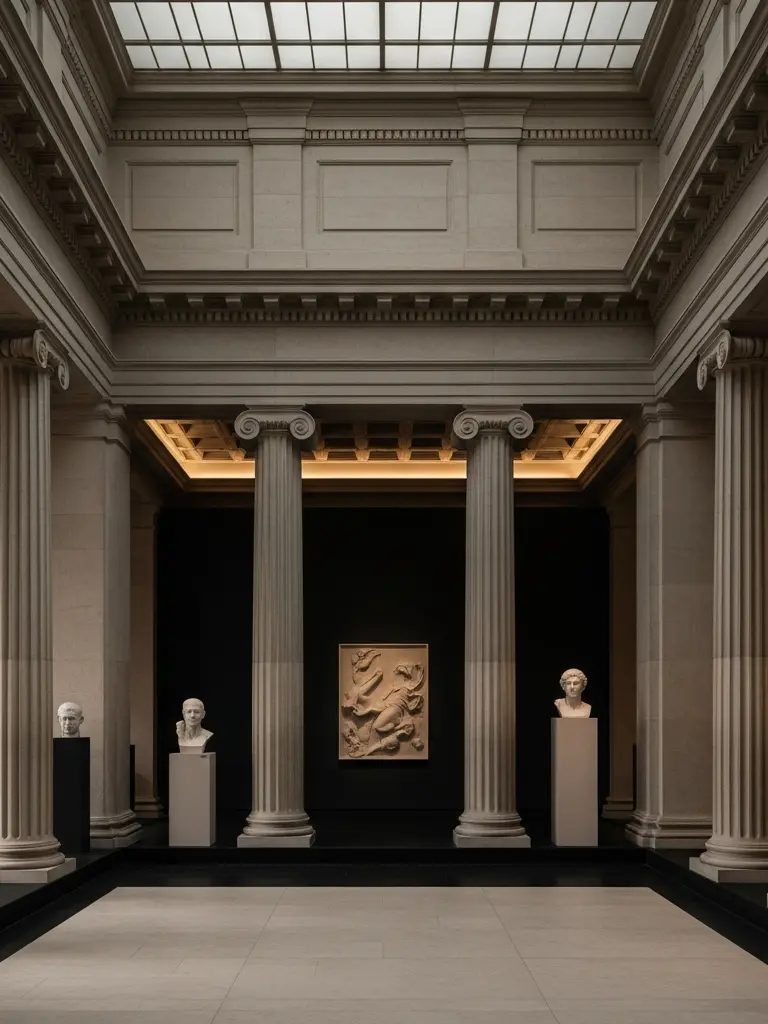 Neoclassical architectural details featuring corinthian columns and symmetry