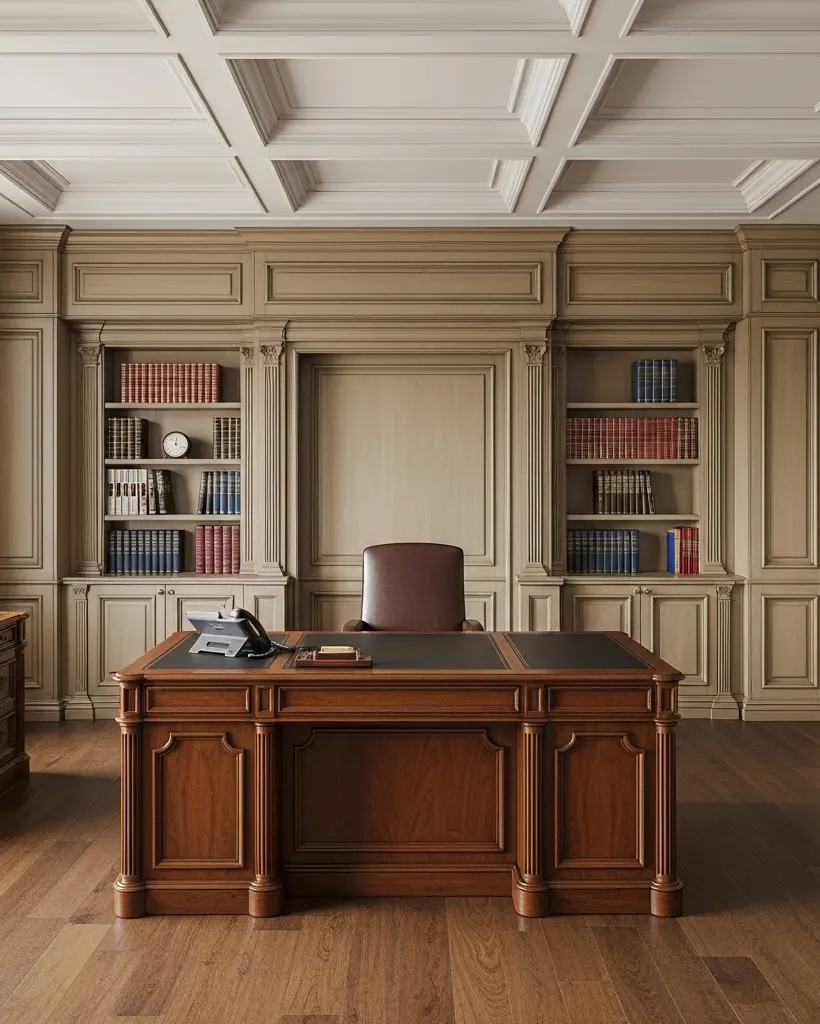 Full room neoclassical executive office system with integrated wall paneling and coffered ceiling