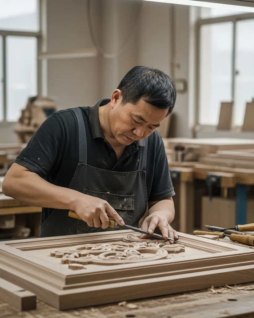 OE-FASHION artisan executing hand-carved details for bespoke architectural furniture