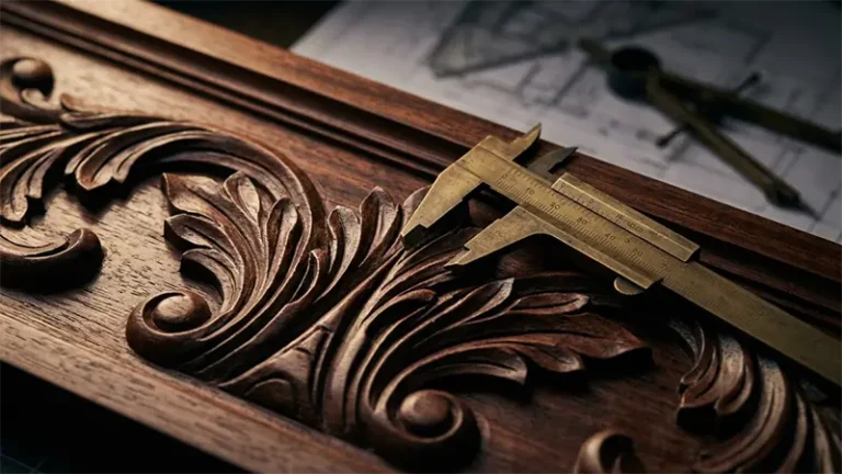 Forensic quality audit of solid mahogany wood carving with engineering caliper