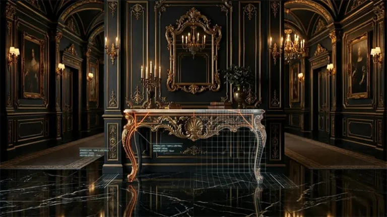 Luxury carved wood console table with slender legs showing structural wobble due to interrupted load-bearing paths