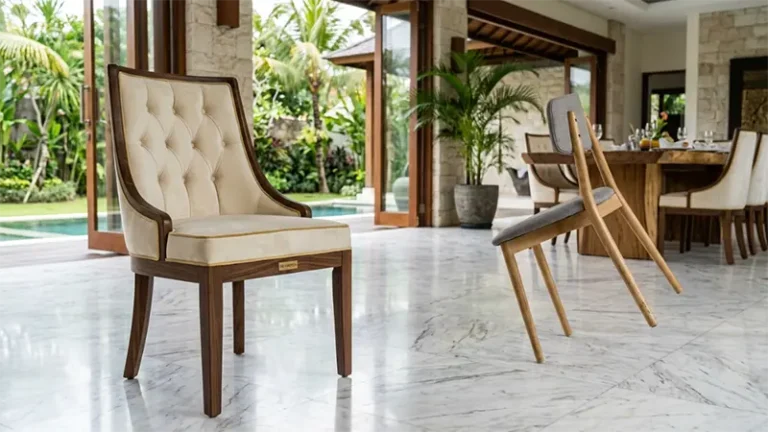 Luxury dining chairs inside a tropical villa showing stable mechanical joinery versus wobbling adhesive-dependent seating structure