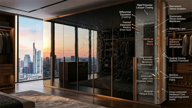 Engineering visualization of coating crazing and substrate stress failure in high-gloss piano-finish wardrobe systems exposed to moisture movement and thermal expansion.
